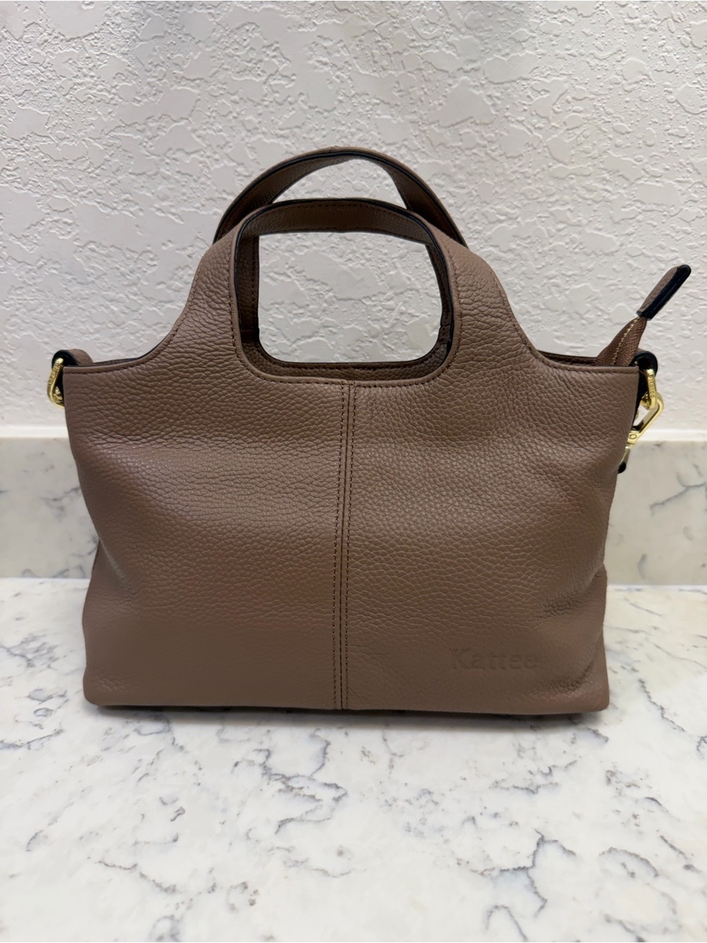 Kattee Genuine Leather Satchel Tote Crossbody Handbag Taupe Gold Hardware